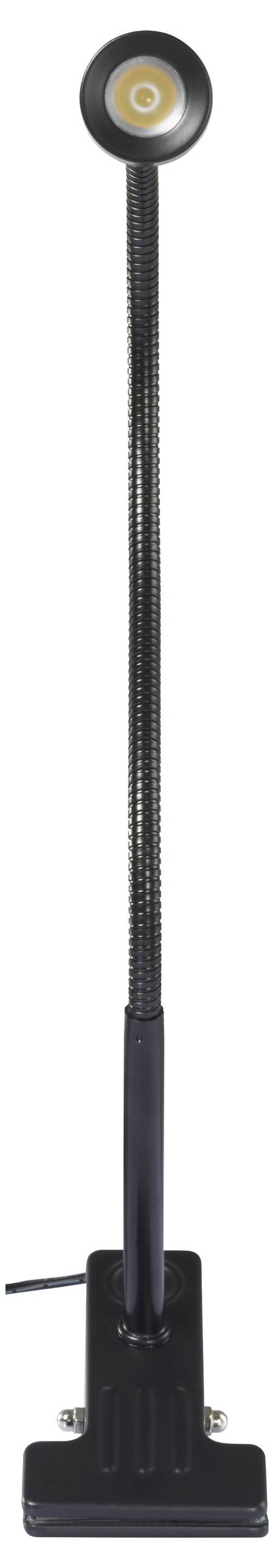 Black flexible swan-neck lamp with a round lampshade and sturdy base. Ideal for targeted lighting.