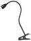 Black LED lamp with flexible gooseneck and clip mount, suitable for attaching to tables or shelves for focused lighting.