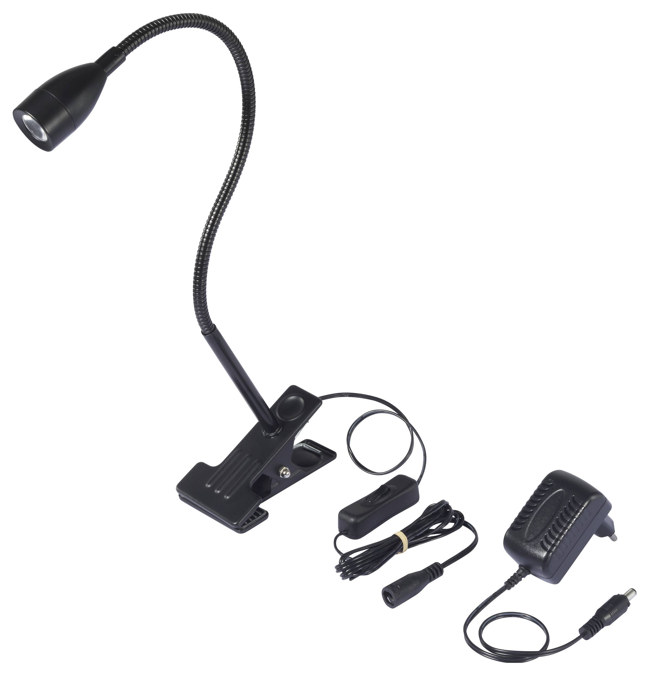 Black LED lamp with flexible gooseneck, clip, power cable and power adapter. Ideal for illuminating work areas.