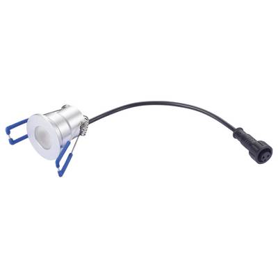 A small, round recessed LED light with a short black cable and blue metal clips for mounting, shown against a white background.