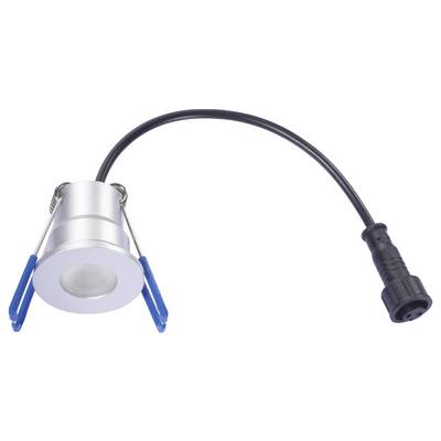 A silver recessed LED downlight with blue clips and a black power connector cable.