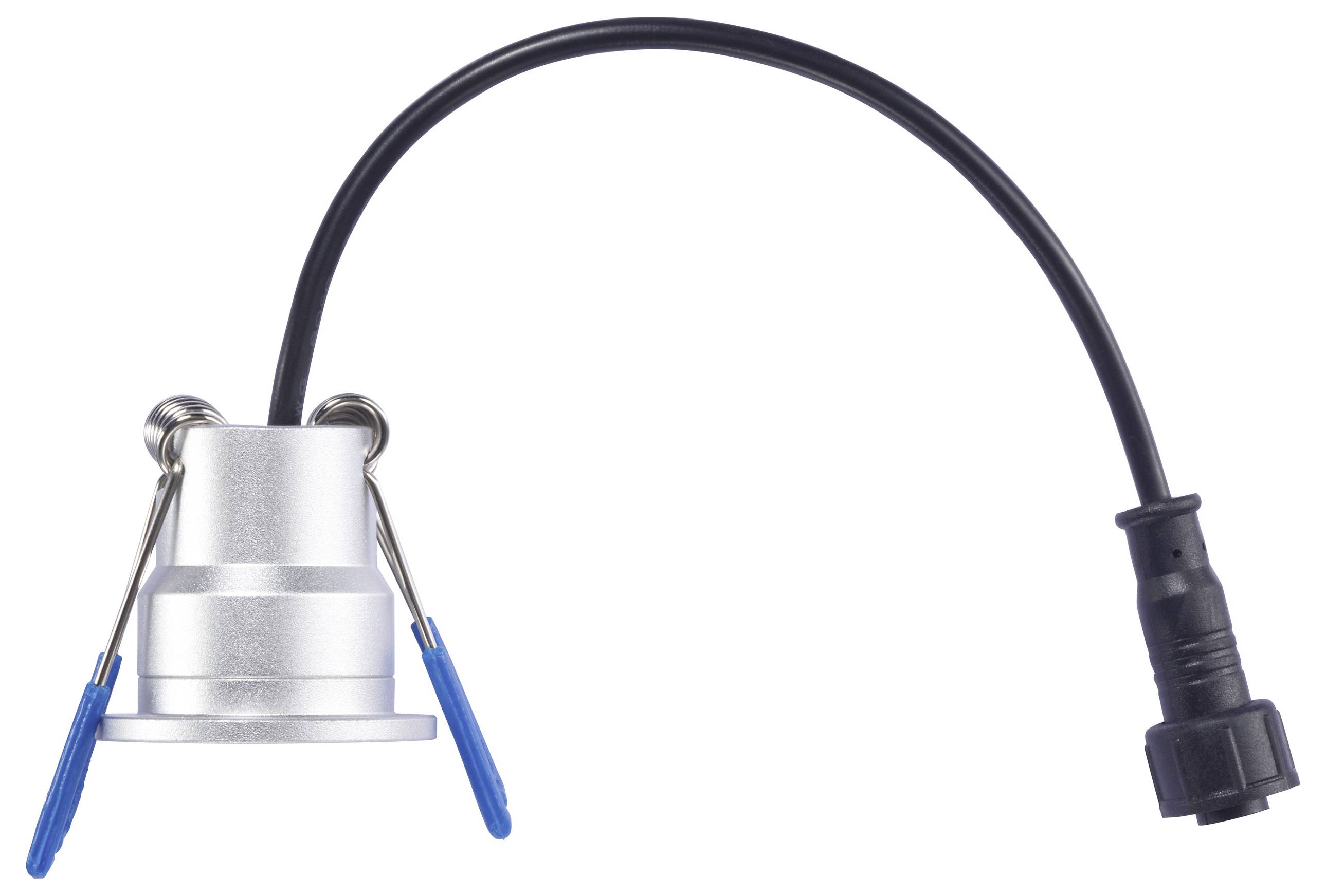 A metal connector with two blue levers attached to a black cable ending in a plug, likely used for industrial or electrical purposes.