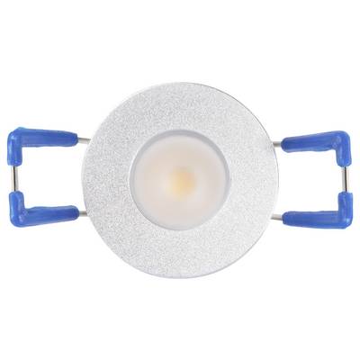A silver recessed LED ceiling light with blue brackets for mounting, viewed from above, showing a round design and central bulb.