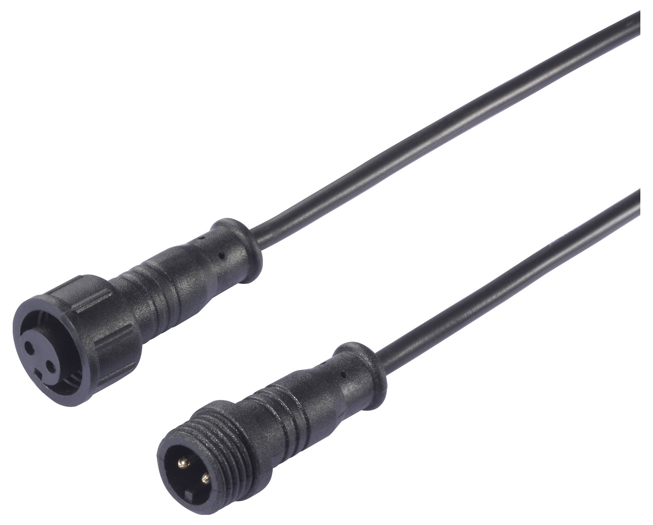 Two black waterproof coaxial cables with male and female connectors, designed for secure outdoor electrical connections.