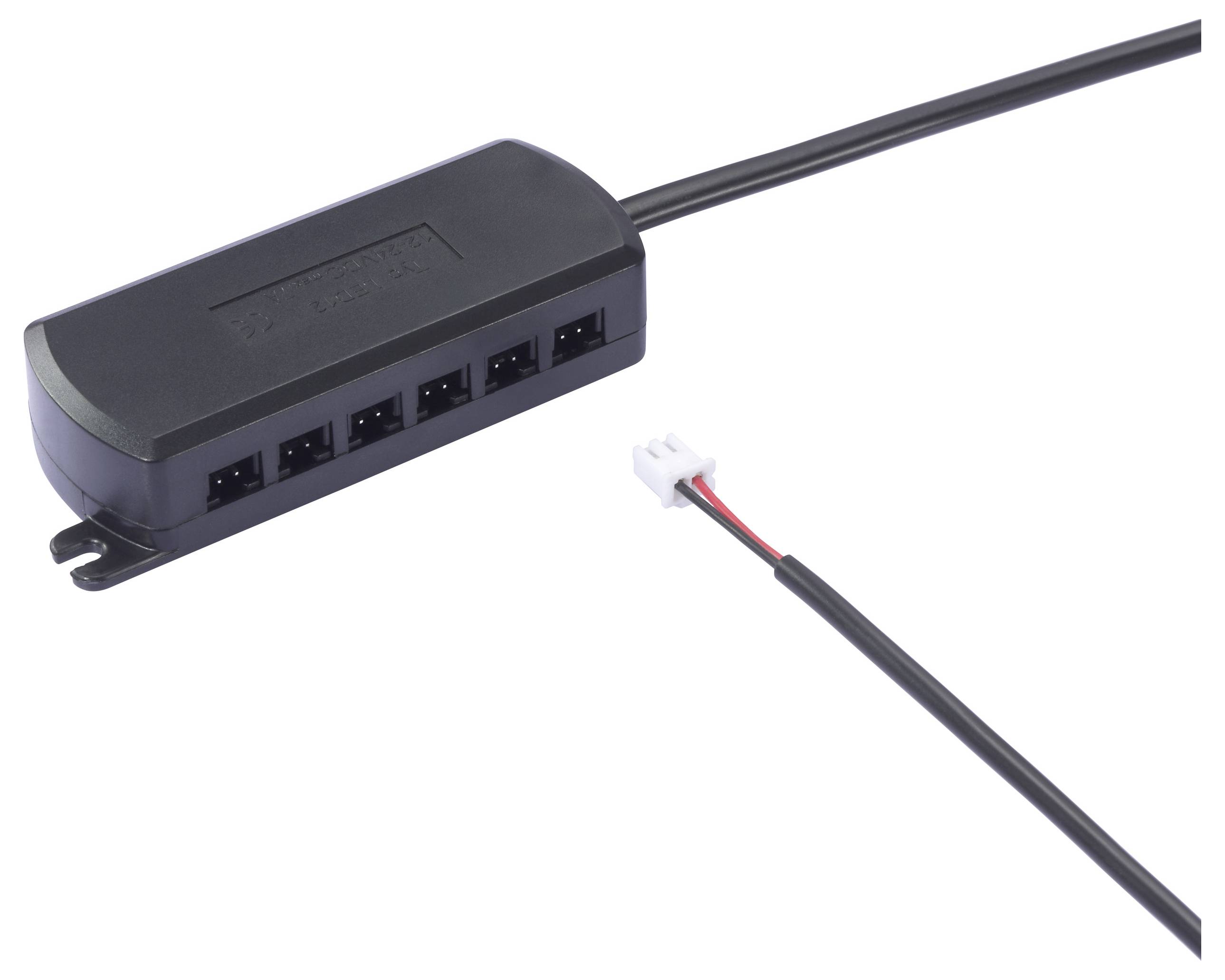 'Black electronic splitter with six output ports and two attached cables; one cable has a small white connector.'