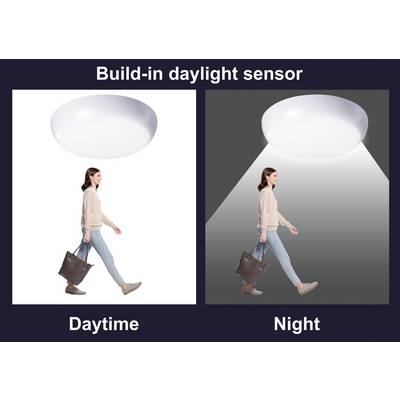 'Build-in daylight sensor' with two images: 'Daytime' shows a dimly lit ceiling light above a walking person; 'Night' shows the same light brightly lit.
