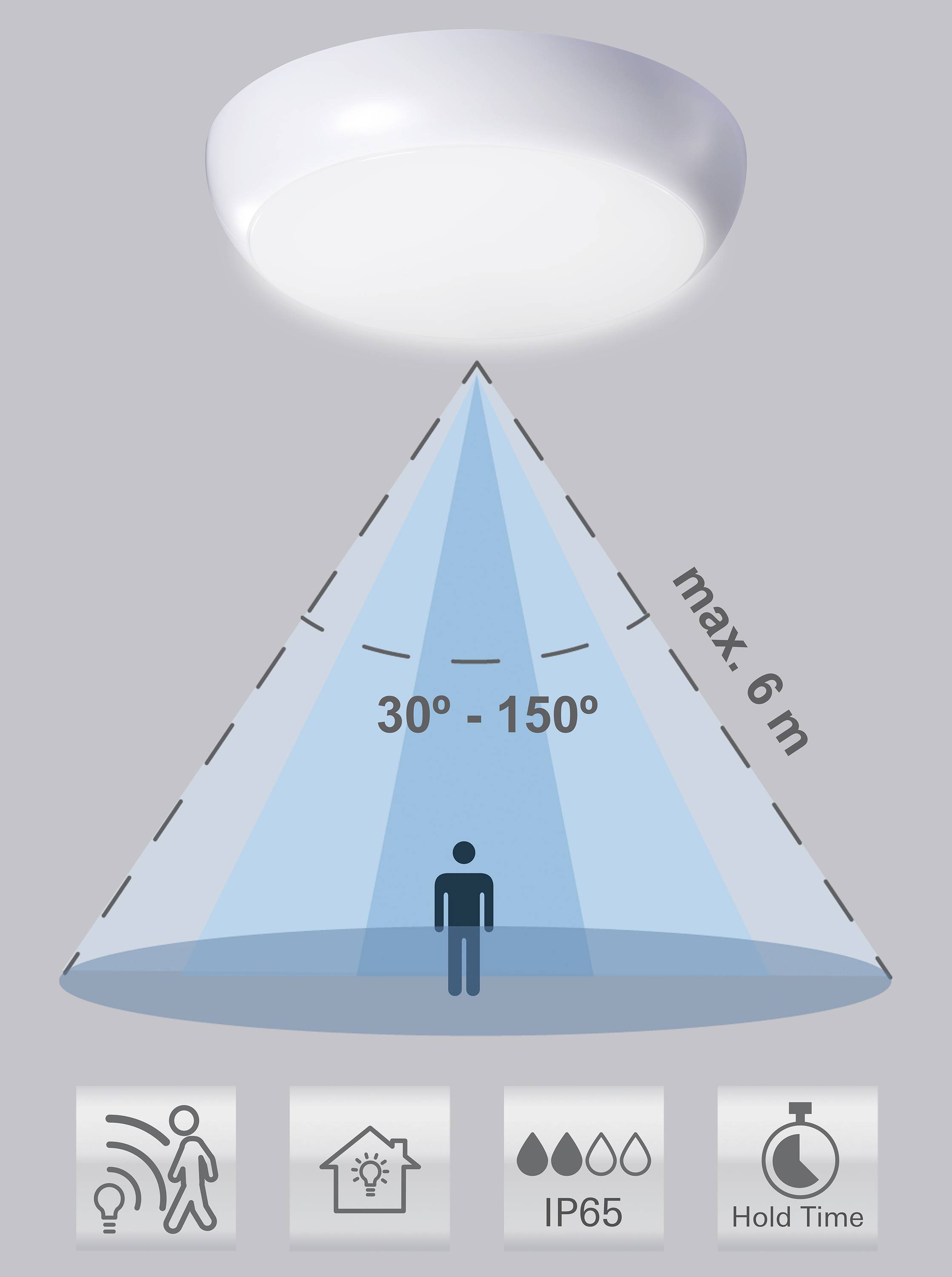 Ceiling light with motion detector covering a 30°–150° angle up to 6m. Icons below indicate motion detection, indoor use, IP65 rating, and adjustable hold time.
