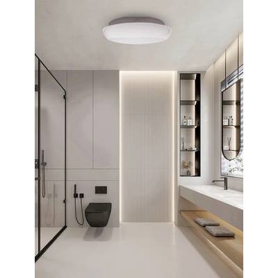 Modern bathroom with a walk-in shower, black wall-mounted toilet, floating sink with wooden shelves, and illuminated vertical panel.