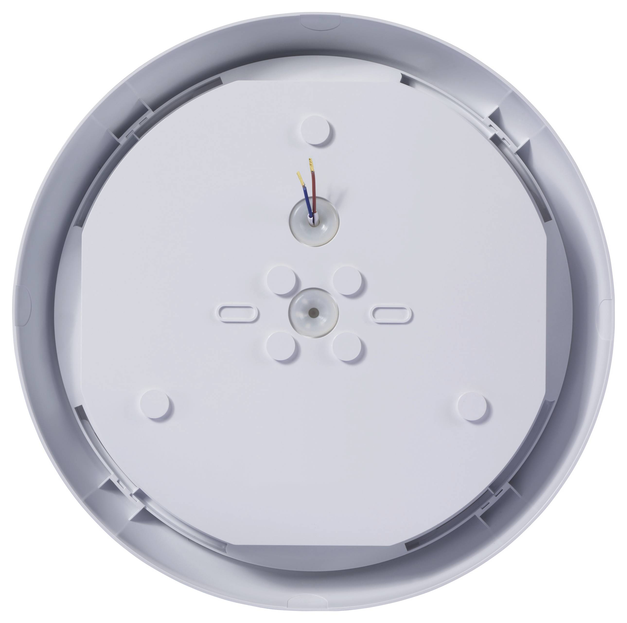A round, white ceiling light fixture base with exposed wiring in the center, designed for mounting a light.