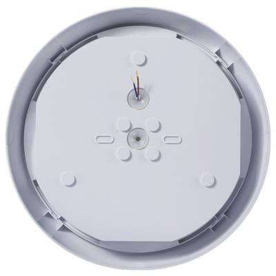 A round, white ceiling light fixture base with exposed wiring in the center, designed for mounting a light.