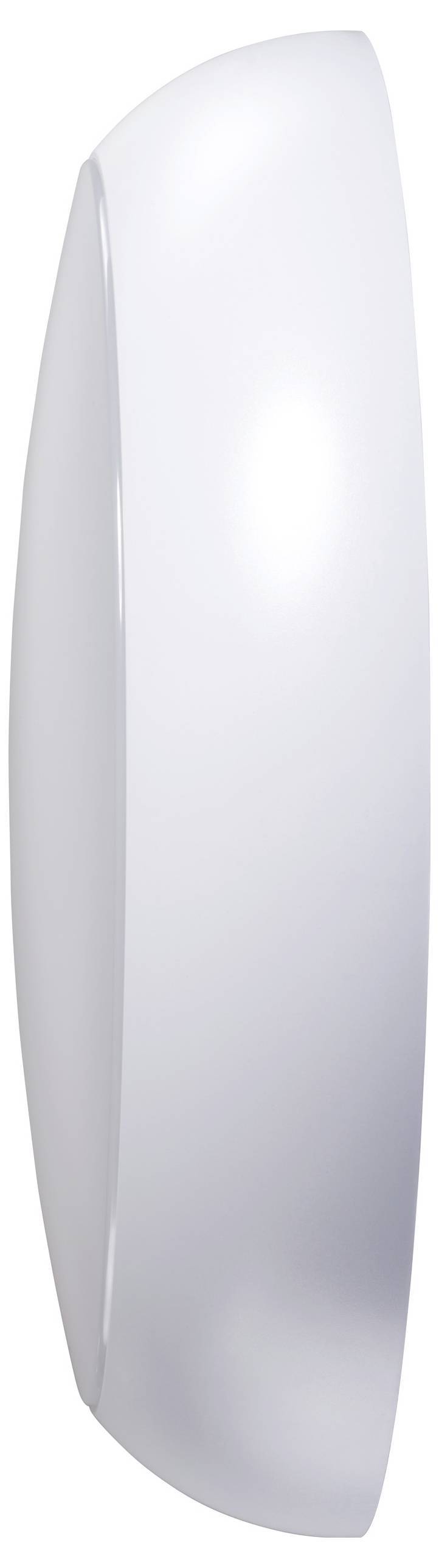 A sleek, elongated, white wall-mounted device, likely a motion sensor or light fixture, with a smooth, glossy surface and curved design.