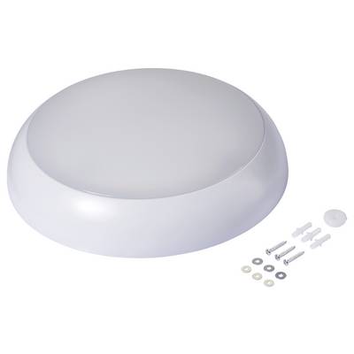 Round white ceiling light fixture with a smooth dome shape, accompanied by mounting screws and plastic anchors.