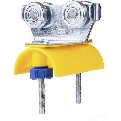 A yellow clamping system with two threaded screws and metal rollers on the top surface, potentially for industrial applications.