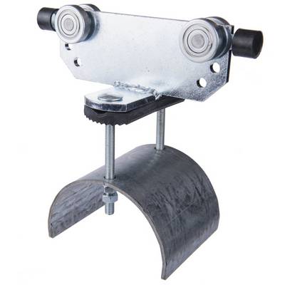 Metal roller apparatus with two wheels, attached to a curved bracket. Used for mounting on a ceiling or wall bracket.