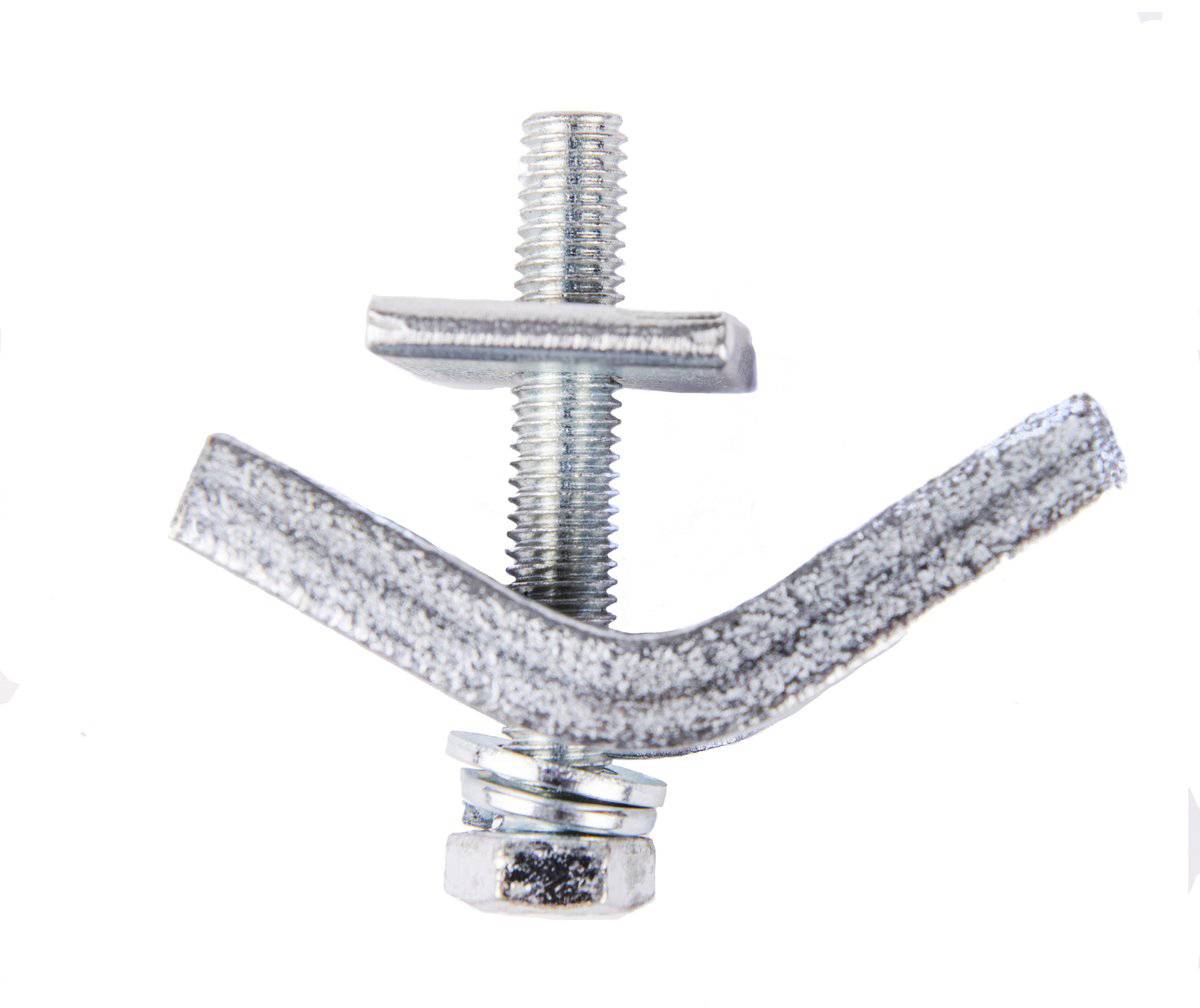 'Metal cable clamp with screw, nuts and two curved plates for securing cables or hoses.'