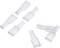 Six transparent plastic cable lugs, flat and rectangular in shape, arranged on a white background.