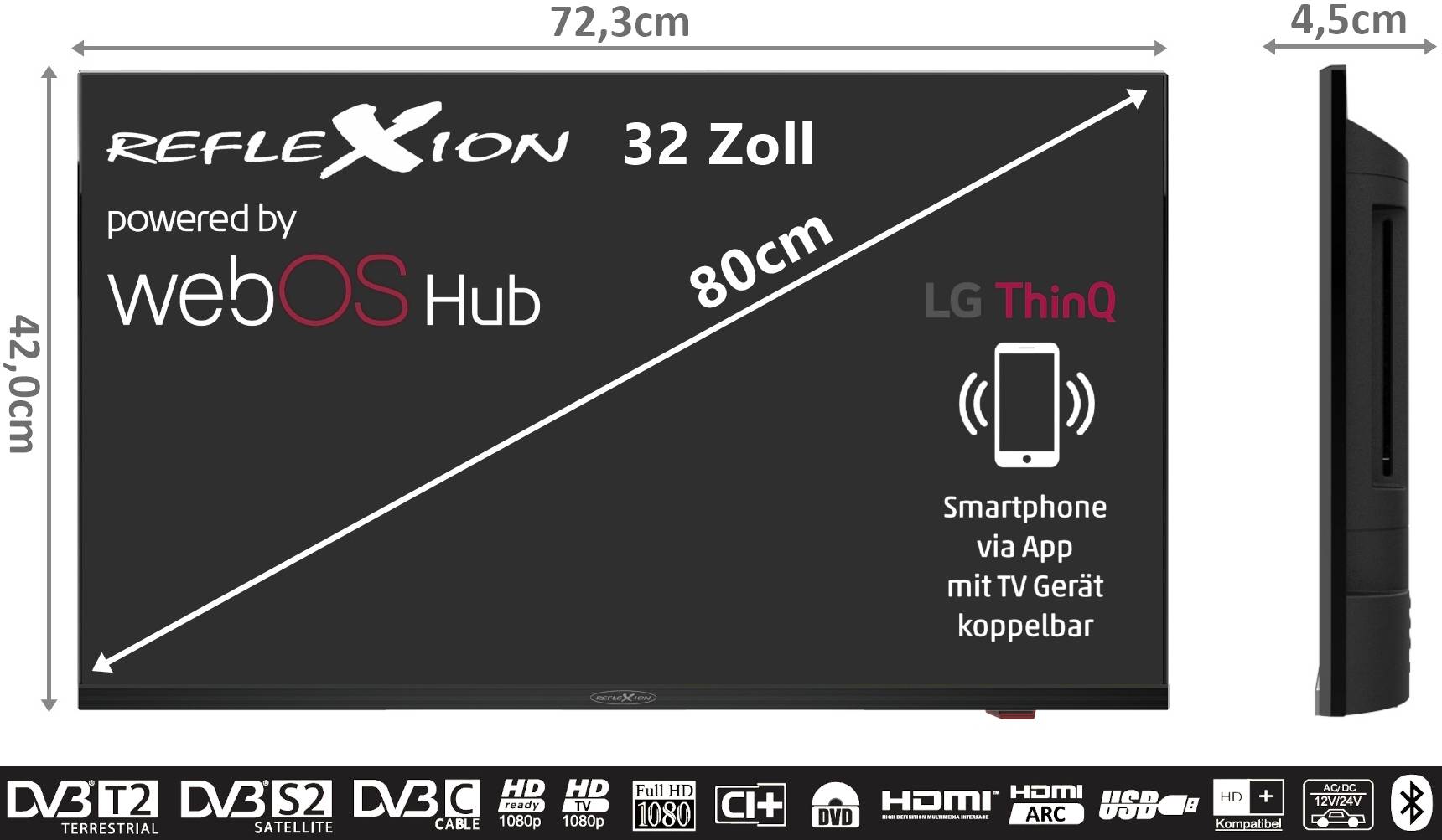 'Reflexion 32-inch Smart TV with webOS Hub and LG ThinQ. Dimensions: 72.3 x 42 x 4.5 cm. Smartphone can be paired with TV via app.'