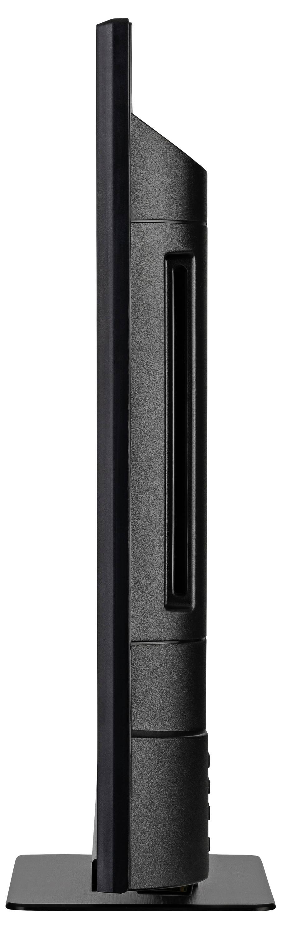 A slim, black flat-screen monitor shown sideways on a rectangular stand, against a white background.