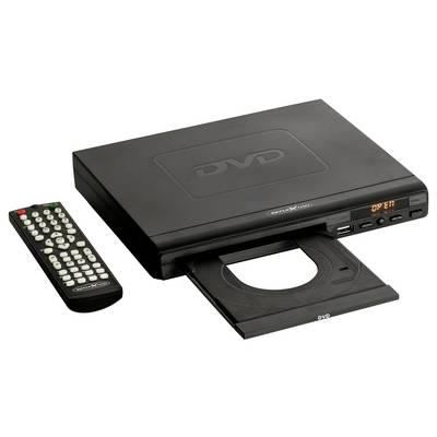 Black DVD player with open disc tray and remote control on a white background.