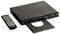 Black DVD player with open disc tray and remote control on a white background.