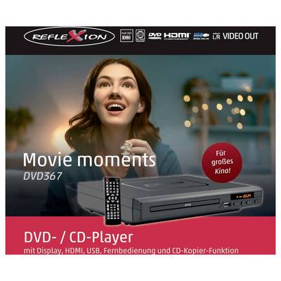 Product image of a Reflection DVD/CD player DVD367 with remote control; text mentions 'Movie moments', HDMI, USB and CD copying function, plus advertising badge 'For big screen cinema!'