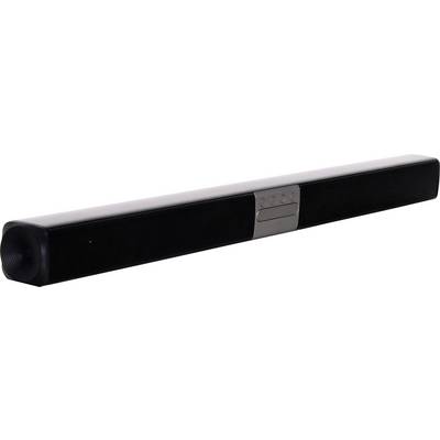 Black soundbar with a silver control panel in the centre, sleek design, to enhance sound quality for televisions.