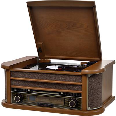 Brown vintage record player with its lid open, playing a vinyl record. Front panel featuring classic control elements.