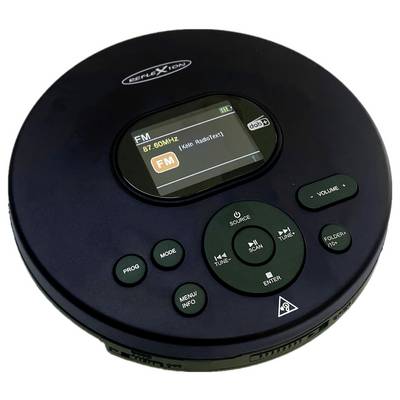 A portable black CD player displaying 'FM 87.50MHz' on its screen. Control buttons are visible for volume, tuning, and source selection.