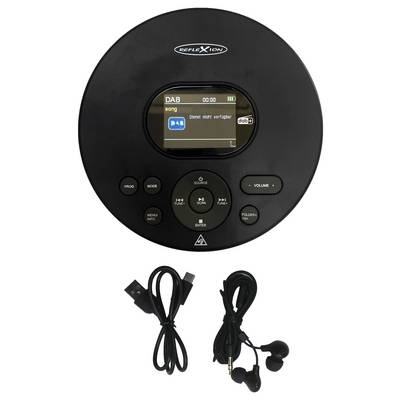 A black portable CD player with an LCD screen displaying a message. Buttons include 'Mode', 'Menu', 'Volume', and track controls. Includes USB cable and earphones.