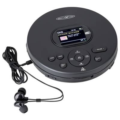 Portable black round CD player with LCD display, buttons, and wired earbuds attached on a white background.