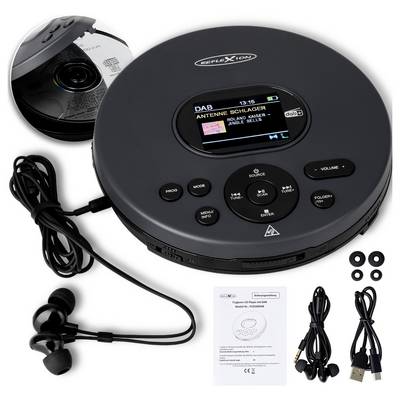 Portable CD player with DAB radio, showing the unit, earbuds, USB cable, power cord, manual, and a CD in the package.<br>