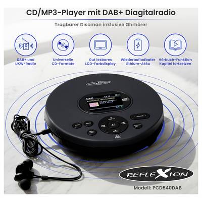 Rounded portable CD/MP3 player with DAB+ digital radio, display and earphones; marketed with rechargeable lithium battery and audiobook function.
