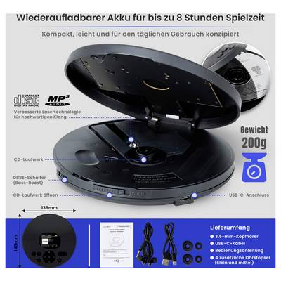 Advertising graphic for a portable CD player with rechargeable battery for up to 8 hours of playing time; shows features such as DBBS bass boost, USB-C and weight of 200 g.