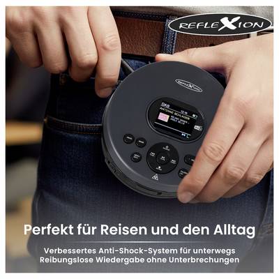 Person holding a portable CD player with display; advertising graphic for 'REFLEXION' with text 'Perfect for travel and everyday use' and reference to anti-shock system.