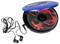 Portable CD player in a blue casing with an open lid, displaying a CD. Black earphones with cable are placed beside it.