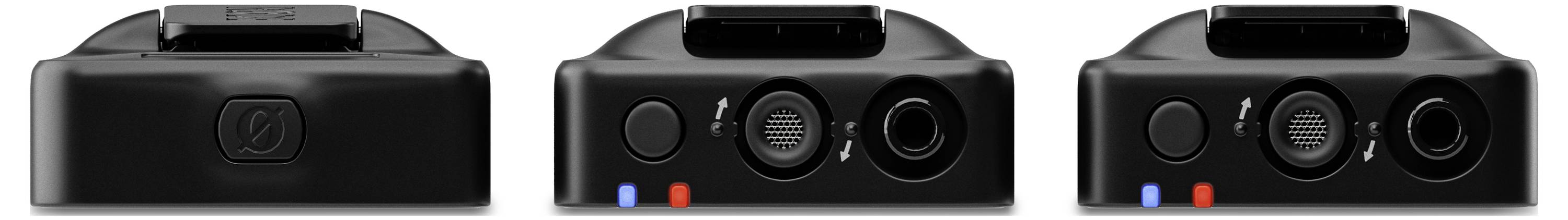 Three black audio devices in a row. Left: headphone-like. Middle: two round sockets. Right: Similar to middle, with additional connection.