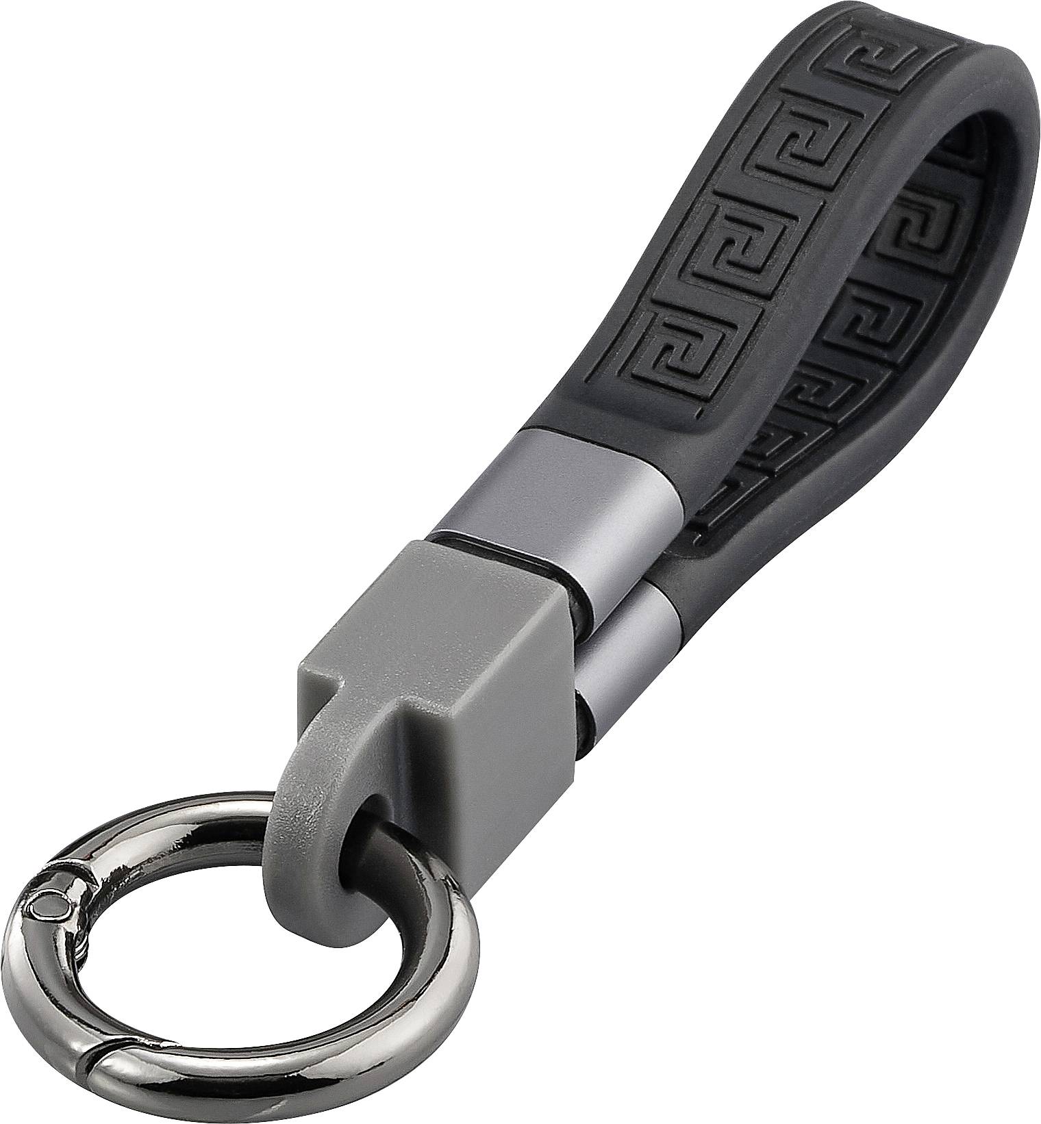 A black key fob with a metallic ring and grey rubber strap, perfect for organising keys.