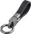 A black key fob with a metallic ring and grey rubber strap, perfect for organising keys.