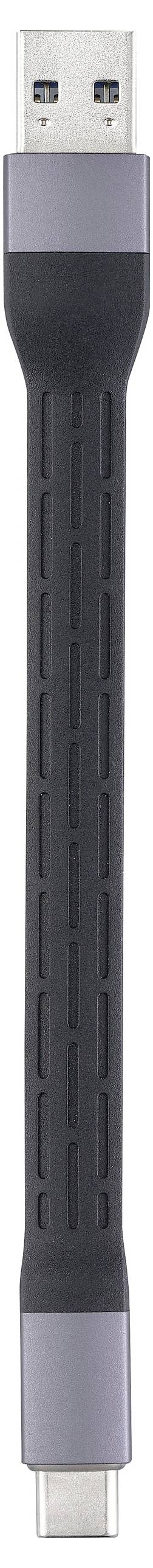 A USB cable with a USB-A plug at the top end and a USB-C plug at the bottom end, connected by a short, black cable section.