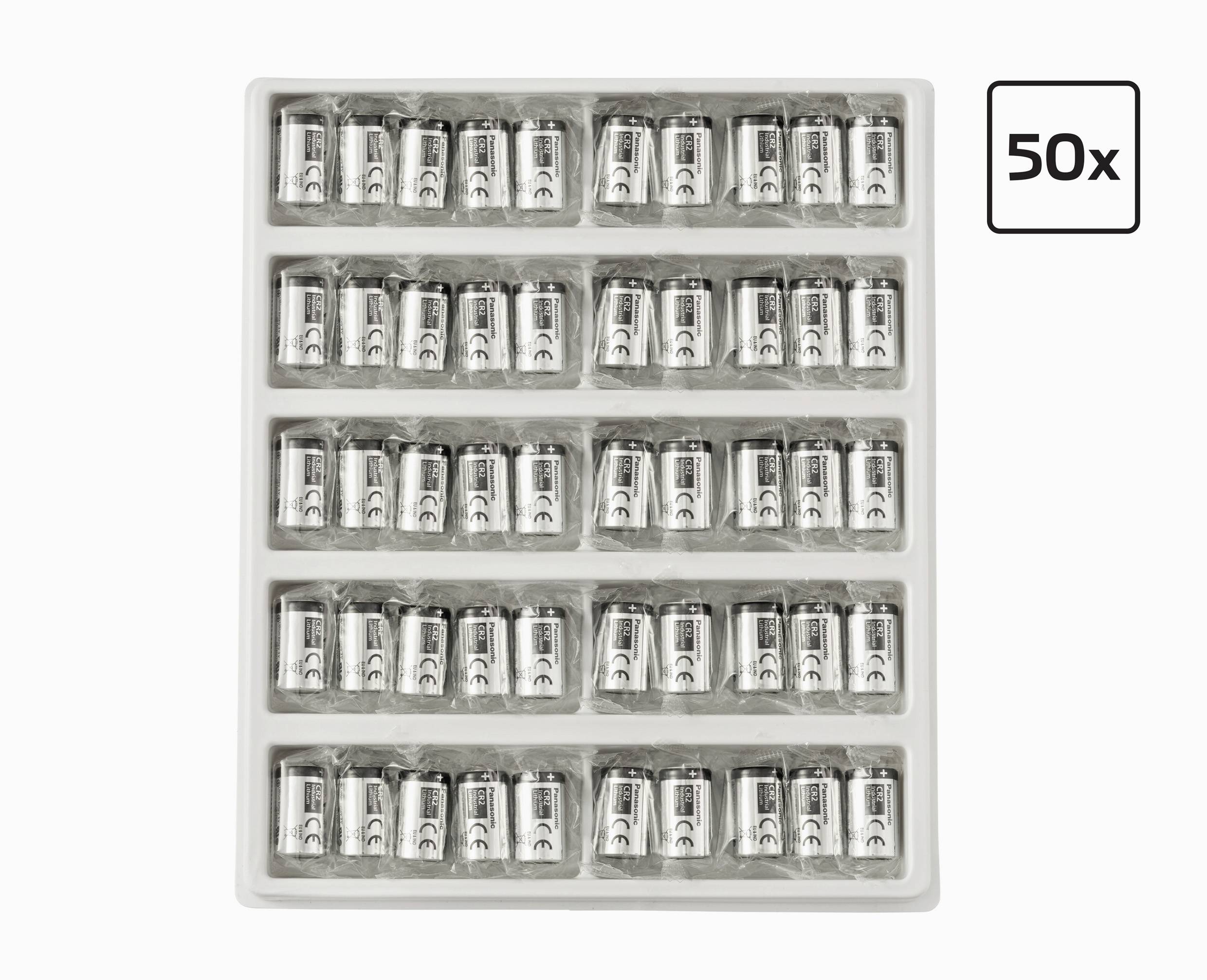Tray containing 50 small cylindrical batteries arranged in rows.