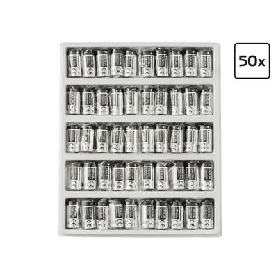 Tray containing 50 silver battery cells arranged in five rows, with a '50x' label in the top right corner, indicating quantity.