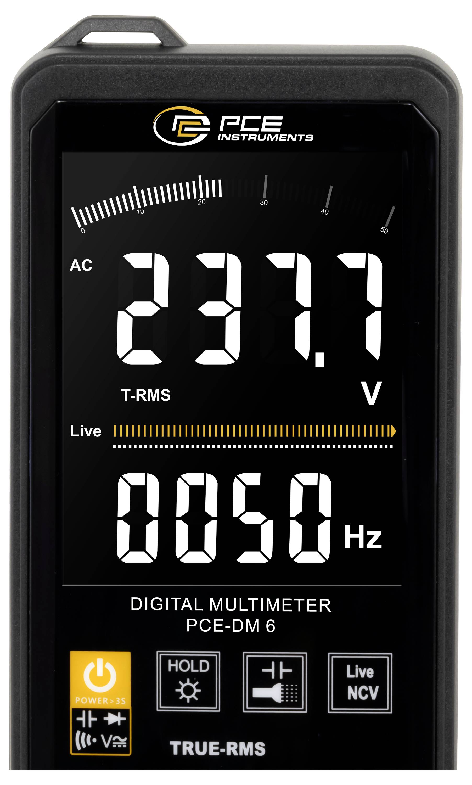 Digital multimeter display showing 237.7 V AC, 50 Hz, with live indicator, labeled PCE-DM 6 and TRUE-RMS.