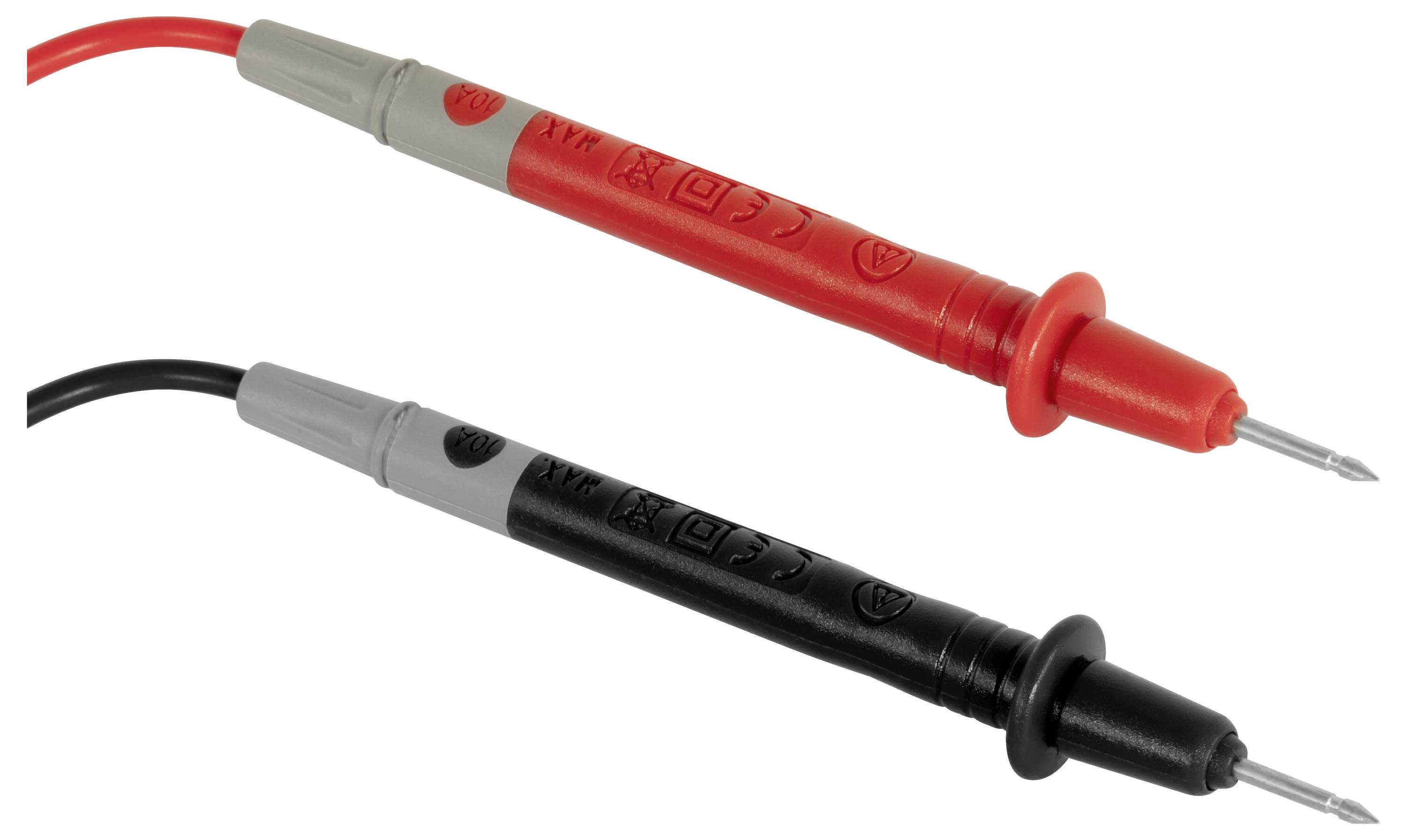 Two multimeter test probes, one red and one black, with insulated leads and pointed metal tips on a white background.