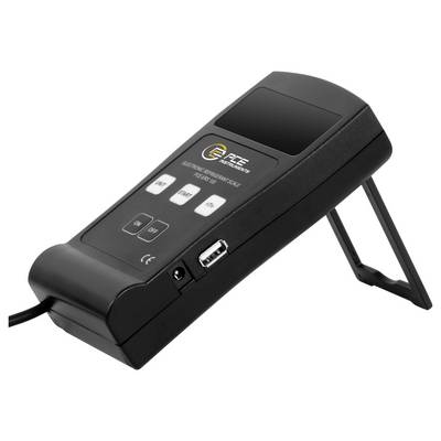 Black digital hanging scale with LCD screen, three control buttons, and fold-out stand, shown on a white background.