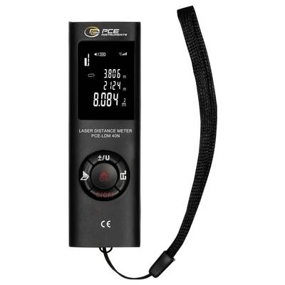 Black PCE laser distance meter with digital display and wrist strap, showing a measurement of 8.084 m.
