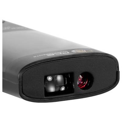 Close-up of a black handheld device’s front end with a lens and red-lit sensor/indicator window.