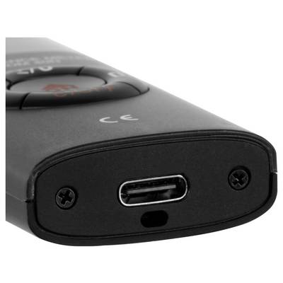 Close-up of a black electronic device showing a USB-C charging port on the end, with CE marking and two screws.