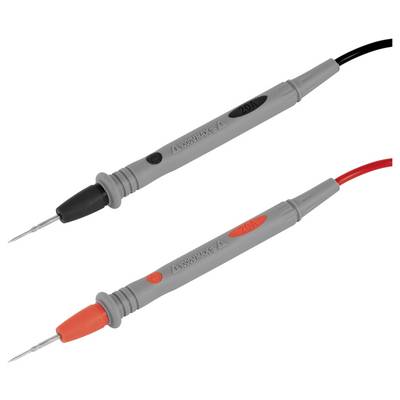 Two insulated test probes with sharp metal tips, one gray with black accents and one gray with orange accents, shown on a white background.