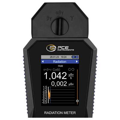 Handheld PCE radiation meter displaying a radiation reading of 1,042 µSv/h in hold mode, with a bar graph and date/time at the top.