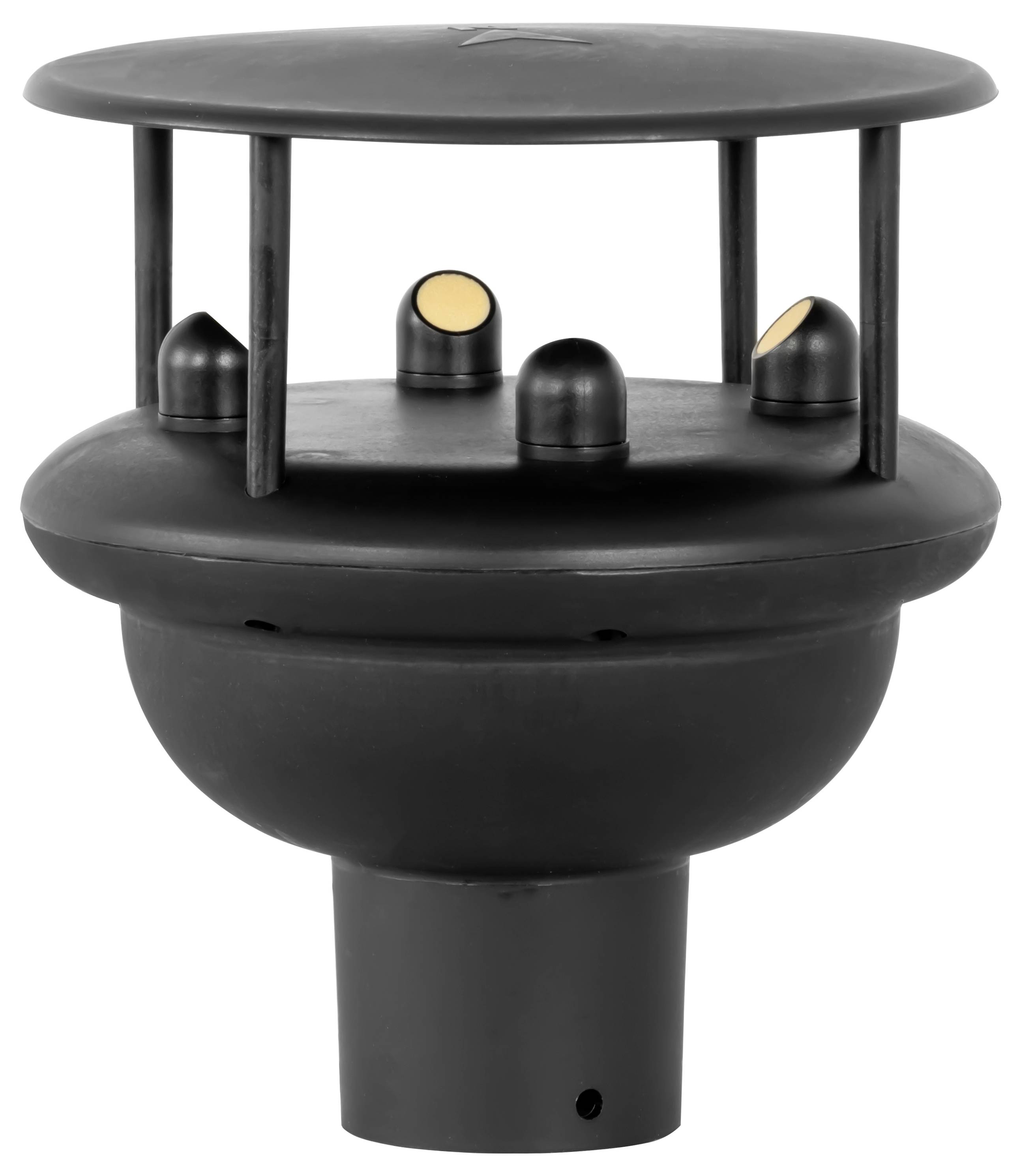 Black cylindrical outdoor post light with a flat canopy and four small dome-topped bulbs inside.